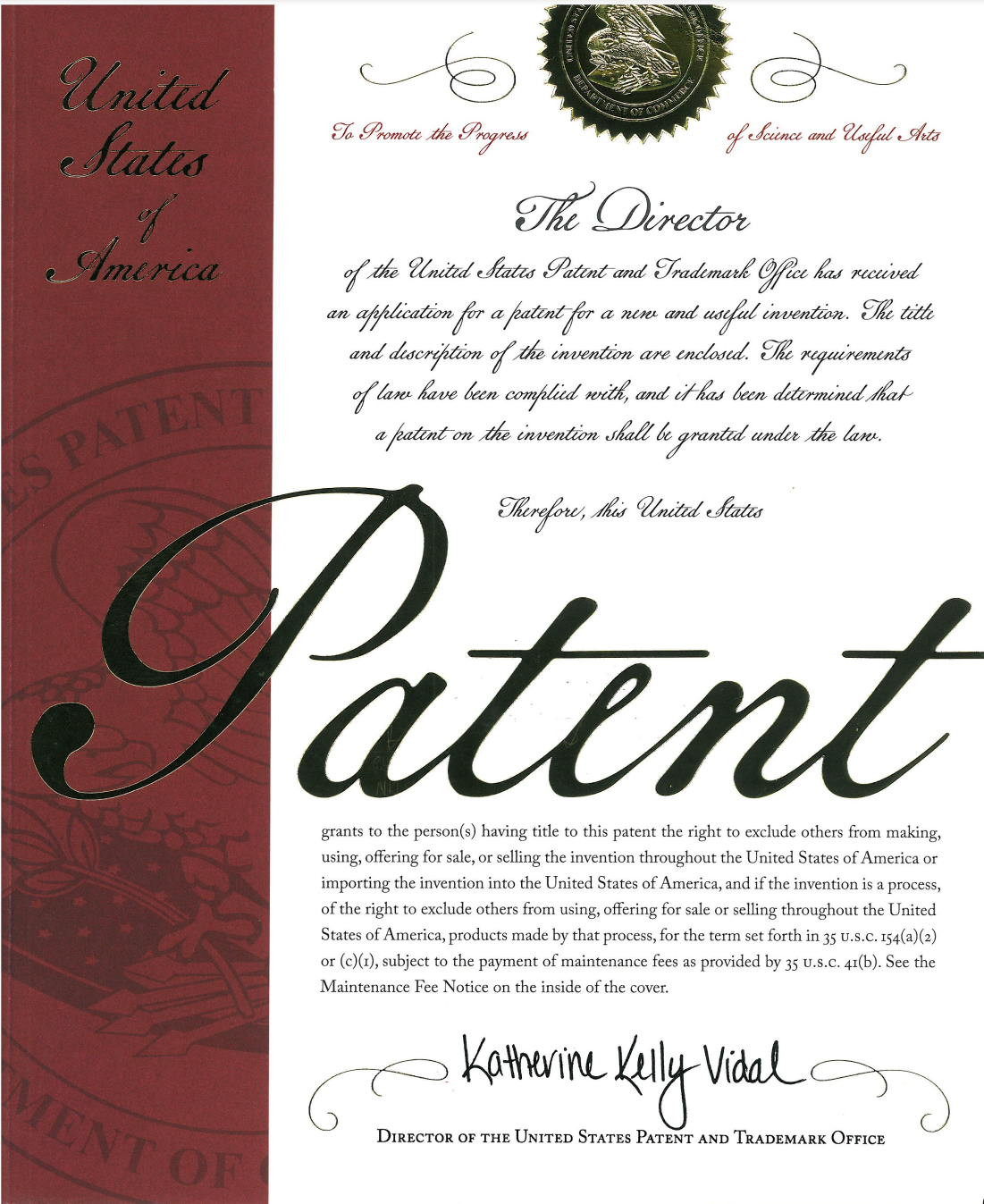 미국 특허 등록증 US-Patent Registration Certificate [첨부 이미지1]